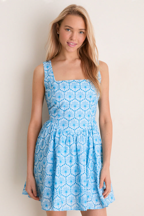 Blue Palm Eyelet Blair Mini Dress
