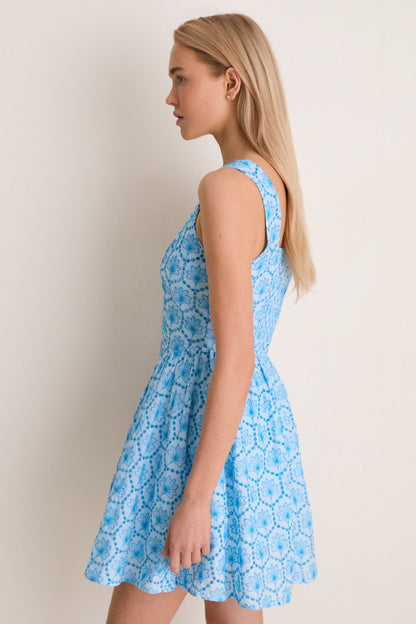 Blue Palm Eyelet Blair Mini Dress
