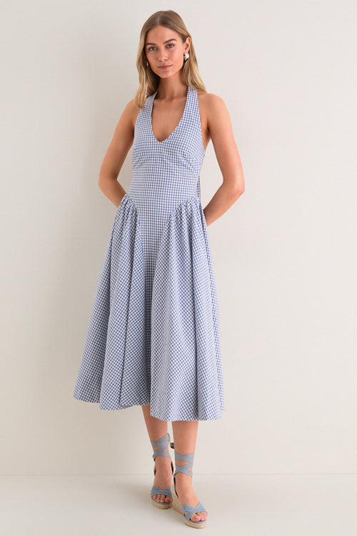 Blue Gingham Meana Halter Midi Dress
