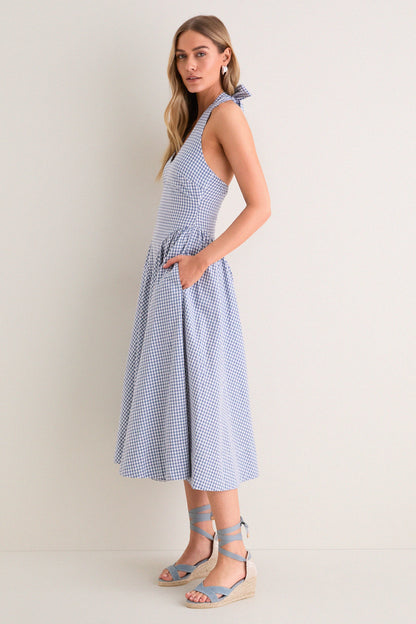 Blue Gingham Meana Halter Midi Dress