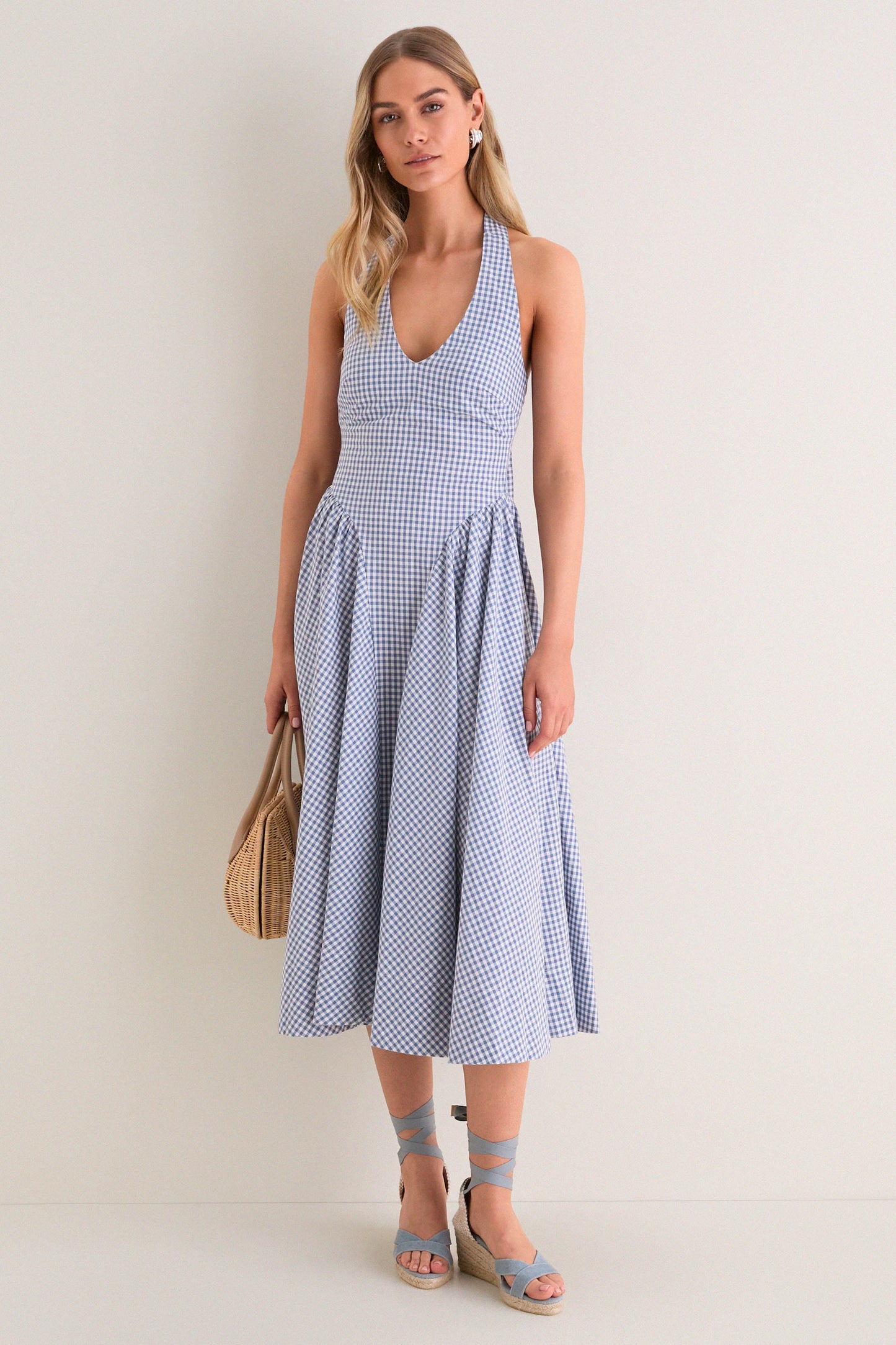 Blue Gingham Meana Halter Midi Dress