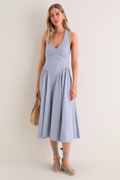 Blue Gingham Meana Halter Midi Dress