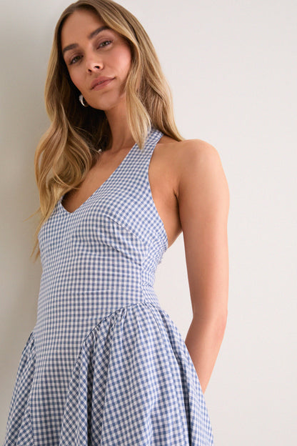 Blue Gingham Meana Halter Midi Dress
