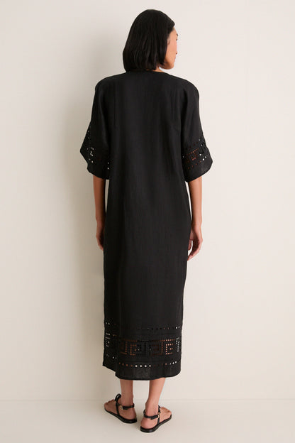 Black Greek Key Embroidered Linen Adrianne Dress