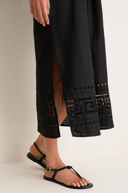 Black Greek Key Embroidered Linen Adrianne Dress