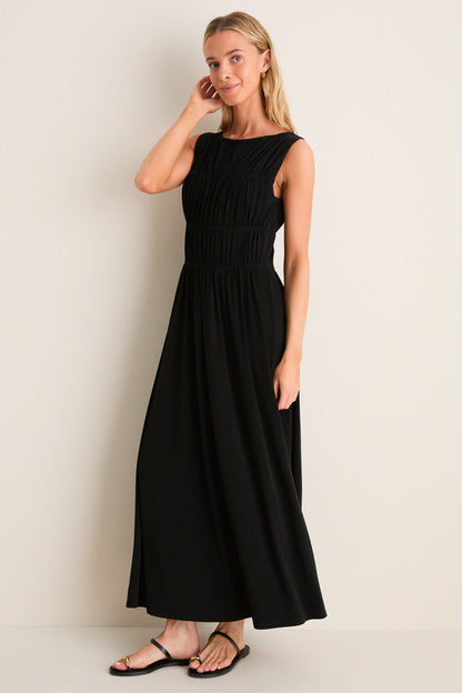 Black Crepe Jersey Smocked Aurelia Dress