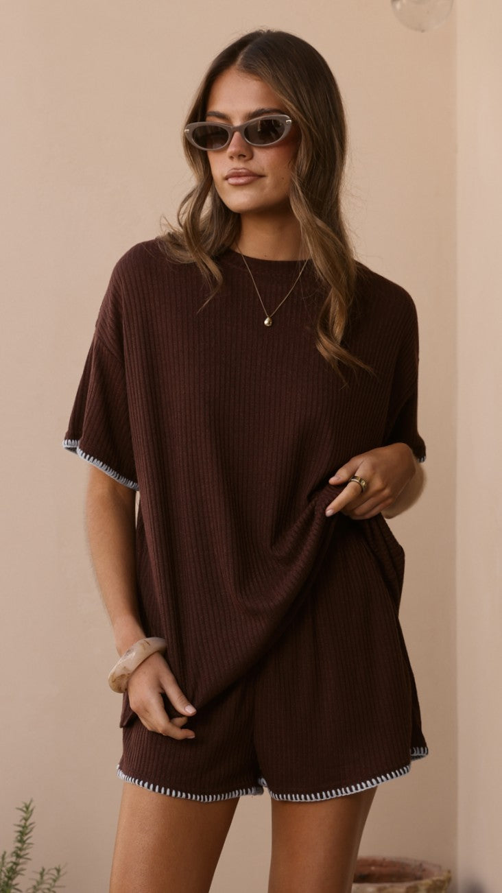 Zaide Knit T-Shirt and Shorts Set - Chocolate/Blue