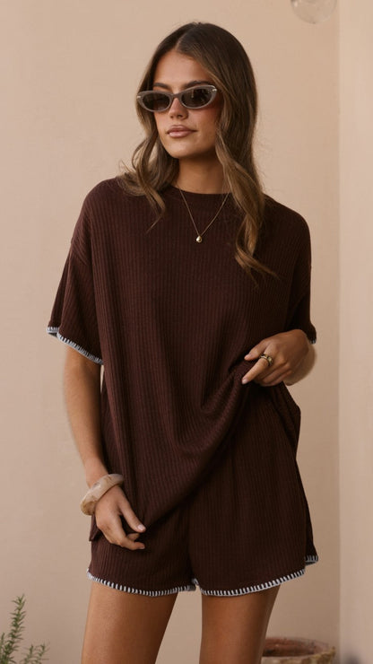 Zaide Knit T-Shirt and Shorts Set - Chocolate/Blue