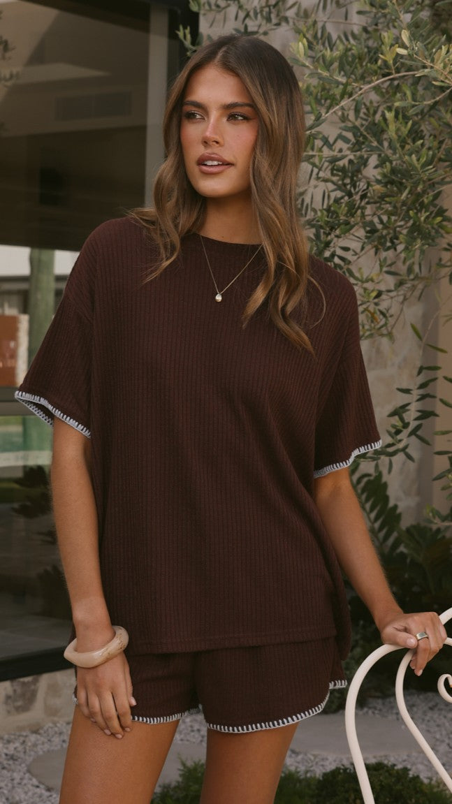 Zaide Knit T-Shirt and Shorts Set - Chocolate/Blue