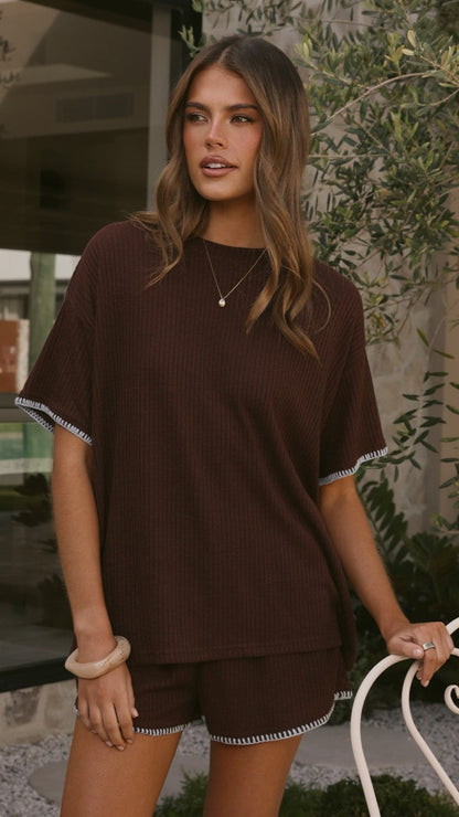 Zaide Knit T-Shirt and Shorts Set - Chocolate/Blue