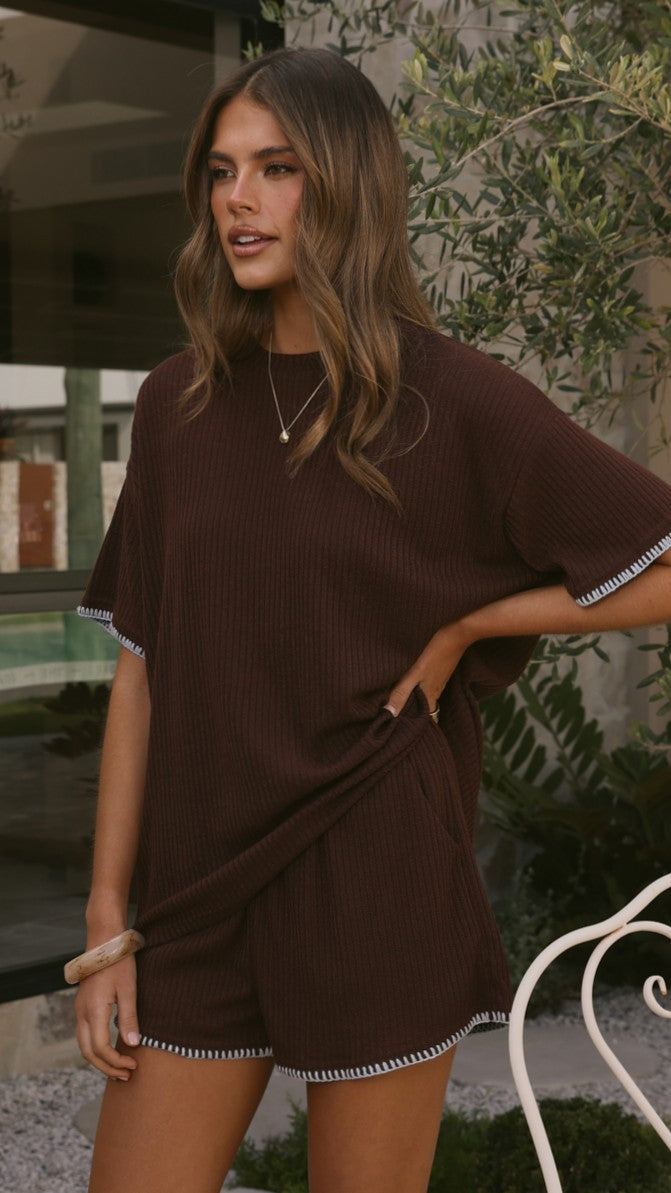 Zaide Knit T-Shirt and Shorts Set - Chocolate/Blue