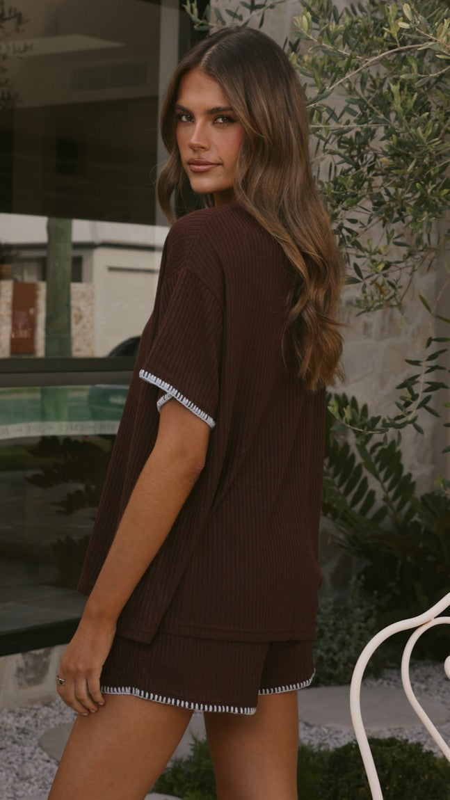 Zaide Knit T-Shirt and Shorts Set - Chocolate/Blue