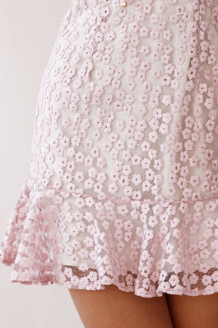 Ezra Eyelet Embroidery Ruffle Neckline Dress Blush
