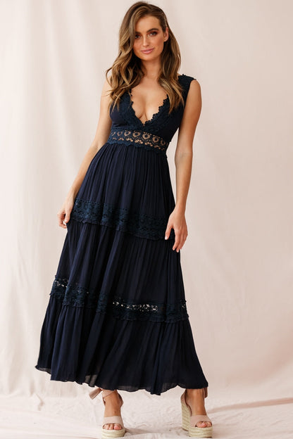 Indio Crochet Insert Deep V-Neckline Maxi Dress Navy