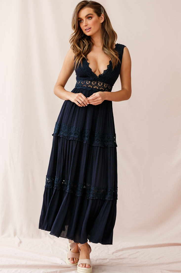 Indio Crochet Insert Deep V-Neckline Maxi Dress Navy