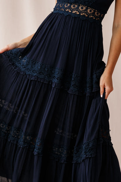 Indio Crochet Insert Deep V-Neckline Maxi Dress Navy