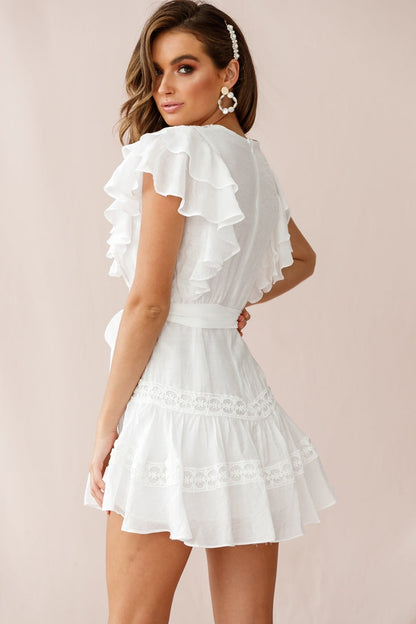 Sheridan Double Frill Sleeve Crochet Detail Dress White