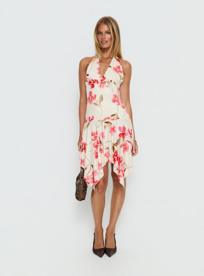 Loreza Halter Asymmetrical Midi Dress Cream Floral
