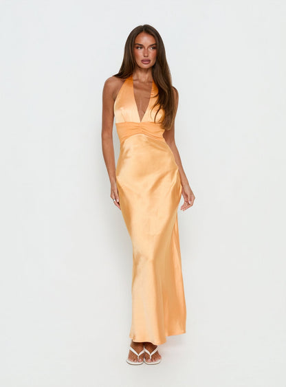 Sazenna Halter Plunge Maxi Dress Orange