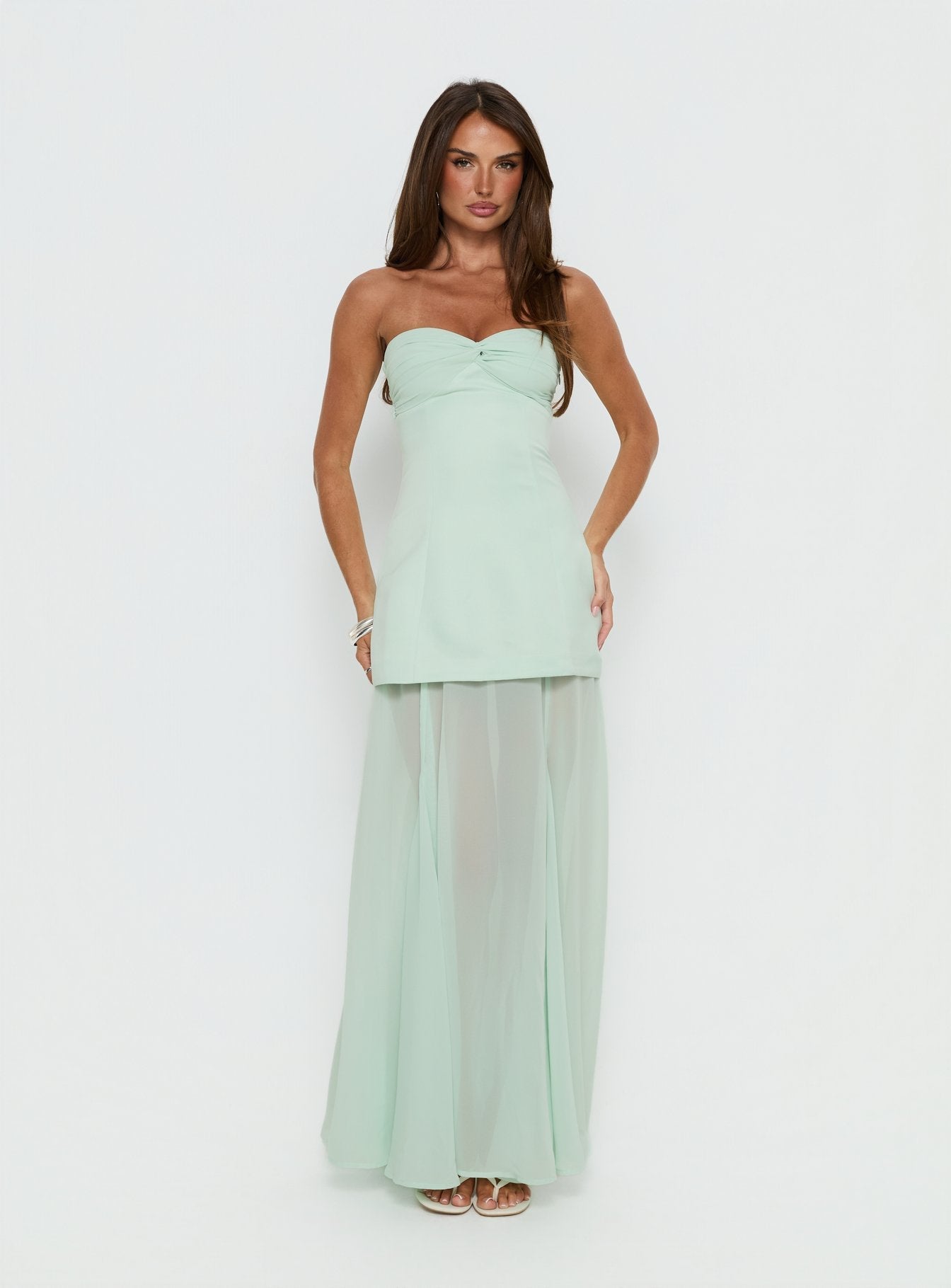 Flashy Sheer Chiffon Strapless Maxi Dress Green