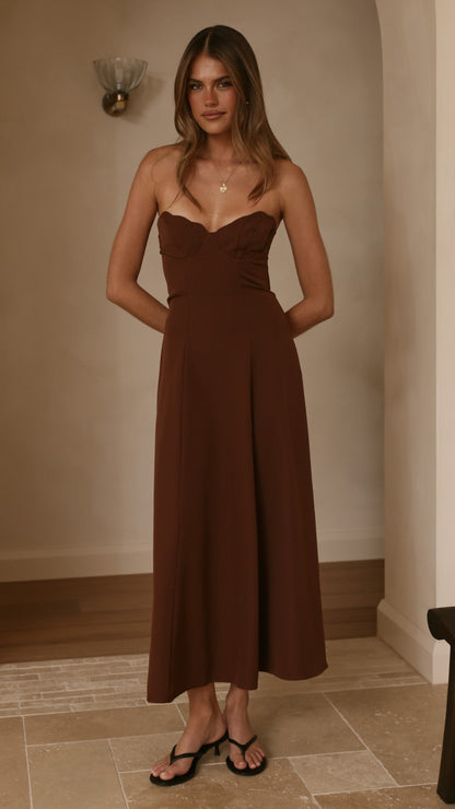 Janessa Strapless Midi Dress - Chocolate