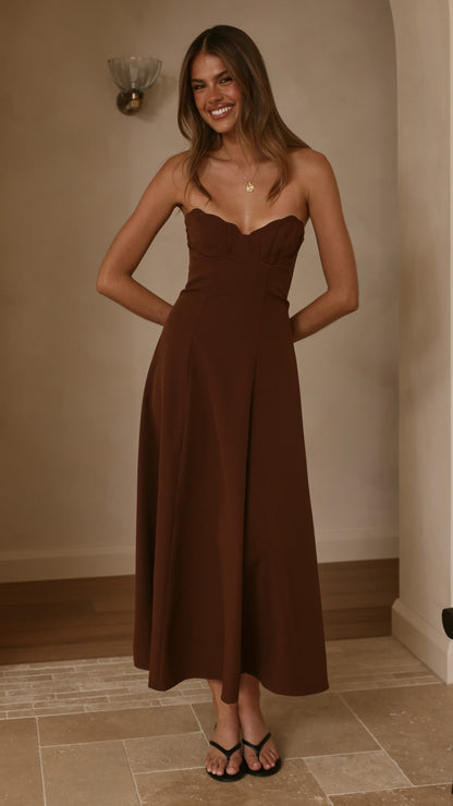 Janessa Strapless Midi Dress - Chocolate