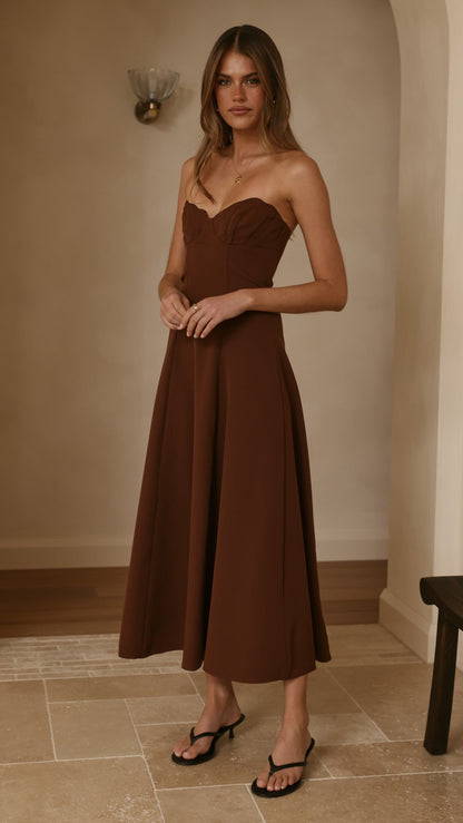 Janessa Strapless Midi Dress - Chocolate