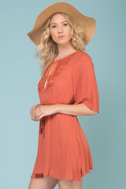 Kayla Tie Waist Crochet Details Dress Rose