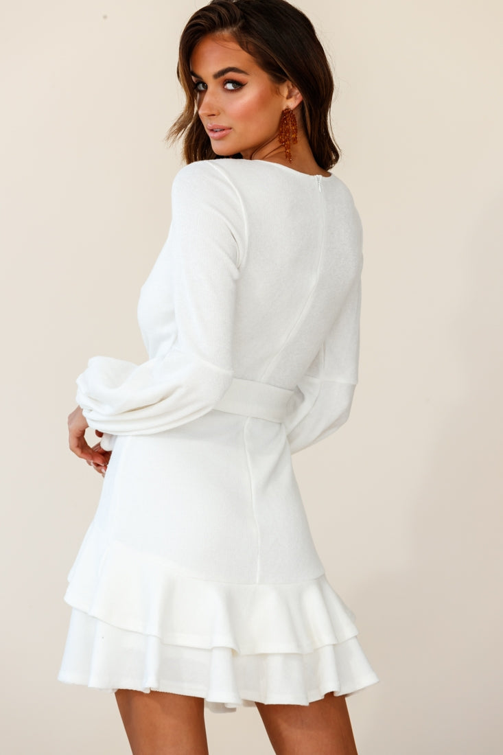 Dresden Long Sleeve Ruffle Detail Knit Dress White