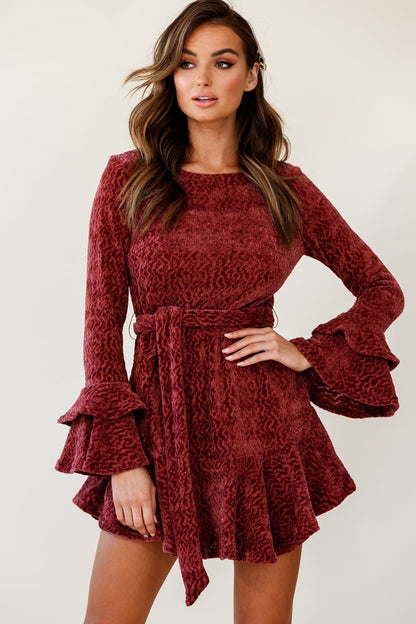 Saphira Long Sleeve Fluted Hem Knit Dress Rose