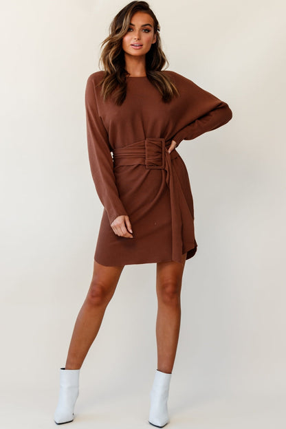 Lorelei Long Sleeve Wide Belt Knit Dress Camel