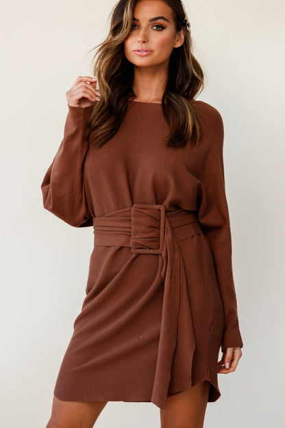 Lorelei Long Sleeve Wide Belt Knit Dress Camel