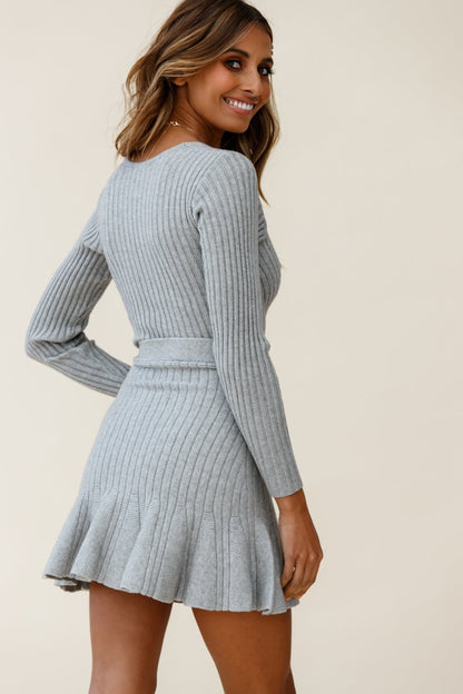 Tarry Long Sleeve Fluted Hem Knit Dress Grey