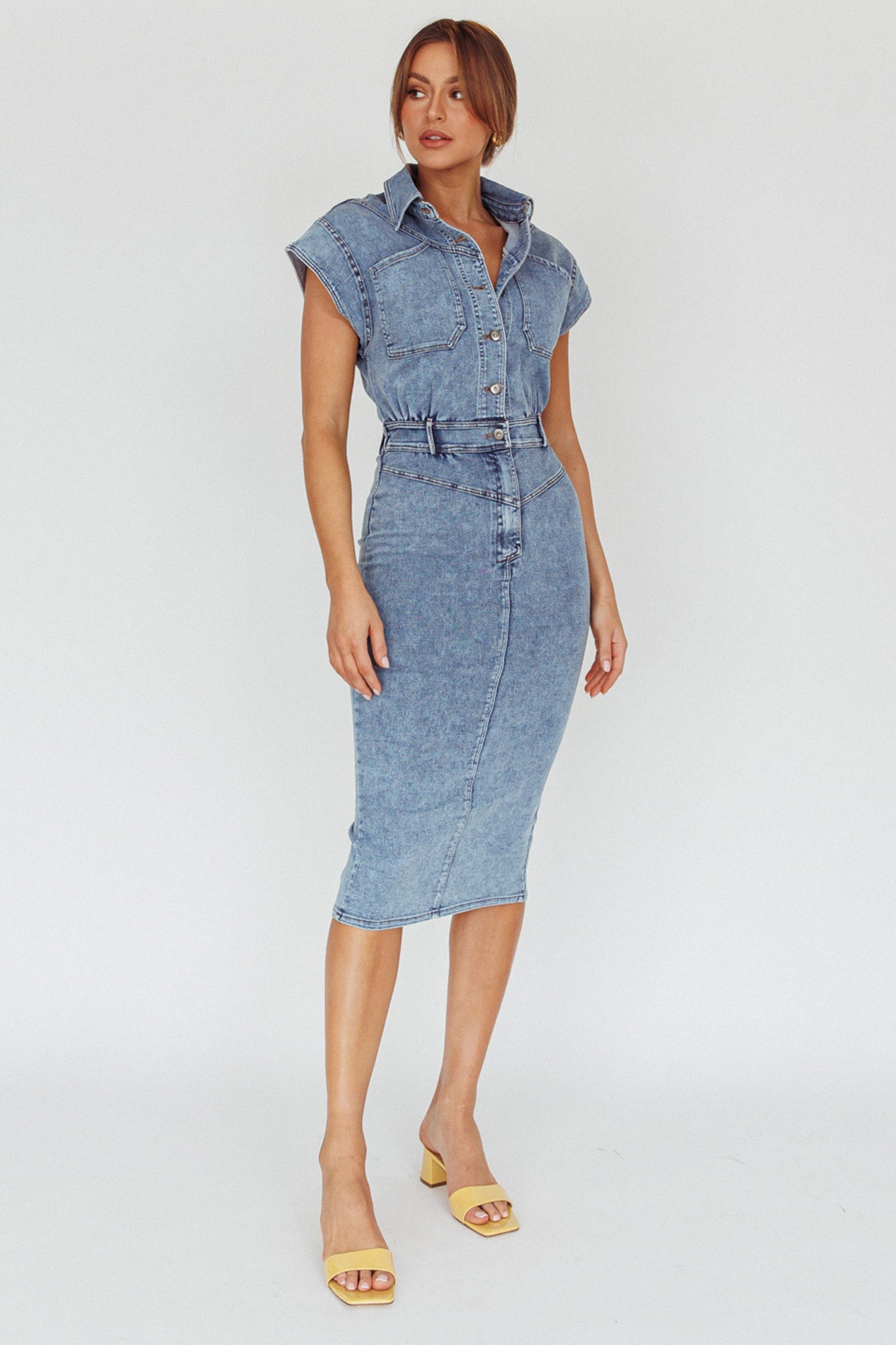 New Day Short Sleeve Button-Up Midi Dress Denim