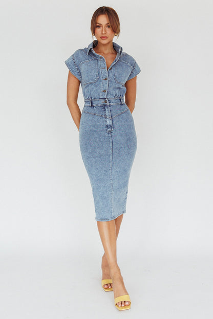 New Day Short Sleeve Button-Up Midi Dress Denim