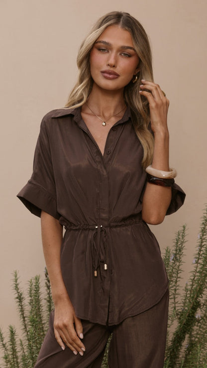 Velice Tie Top and Pants Set - Brown