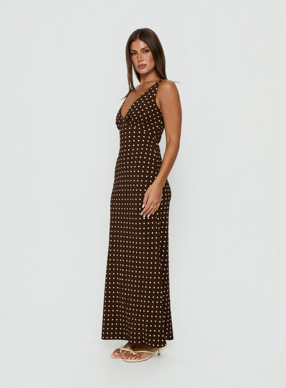 Nellie Maxi Dress Brown Polka Dot