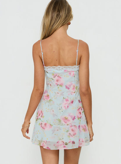 Sandia Lace Trim Mini Dress Blue Floral