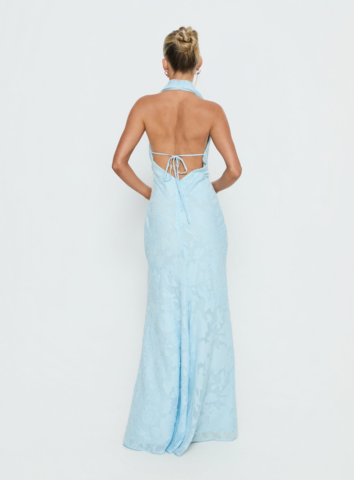 Invisible String Cowl Plunge Backless Maxi Dress Light Blue