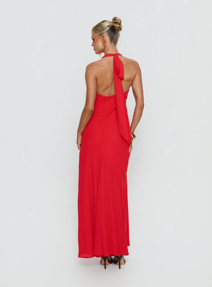 Luannie Halter Scarf Tie Maxi Dress Red