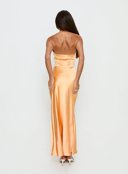 Sazenna Halter Plunge Maxi Dress Orange
