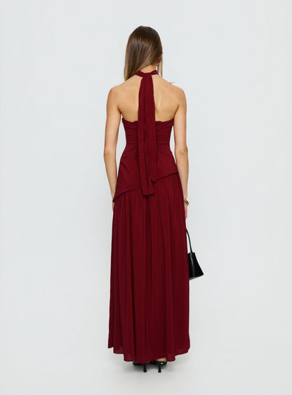 Odela Strapless Scarf Drop Waist Maxi Dress Cherry