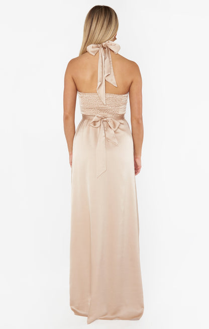 Hazel Halter Maxi Dress ~ Champagne Luxe Satin