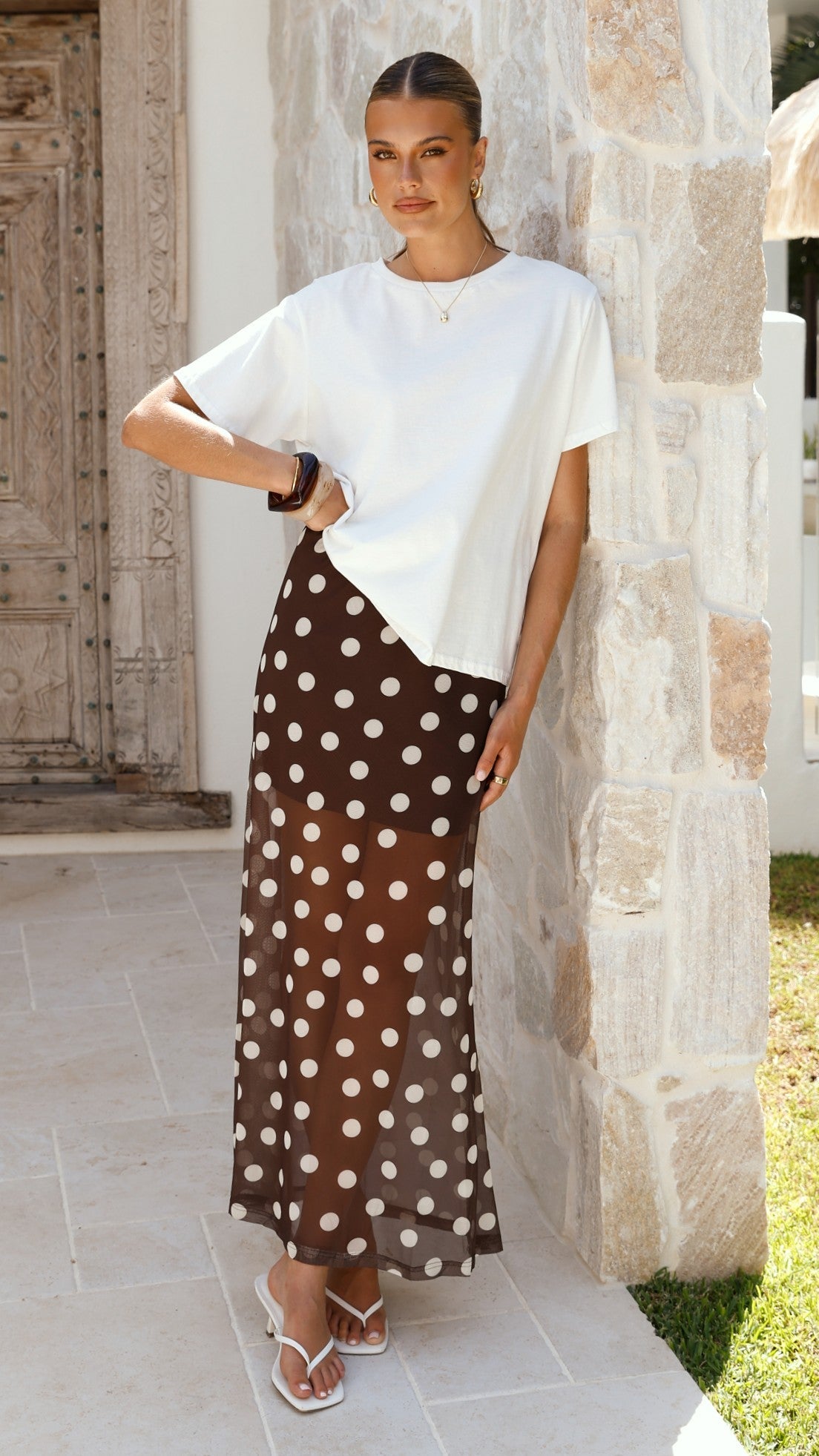 Onella Semi Sheer Maxi Skirt - Chocolate / White Polka Dot