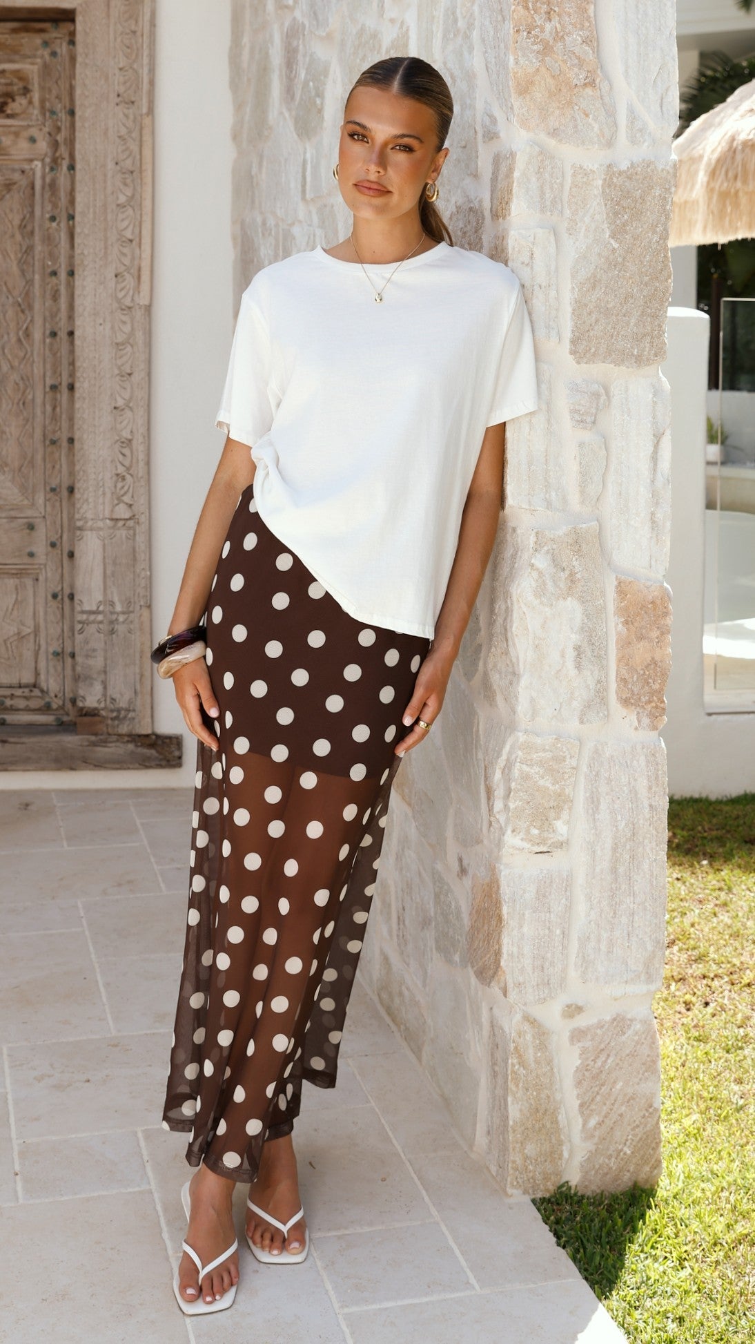 Onella Semi Sheer Maxi Skirt - Chocolate / White Polka Dot