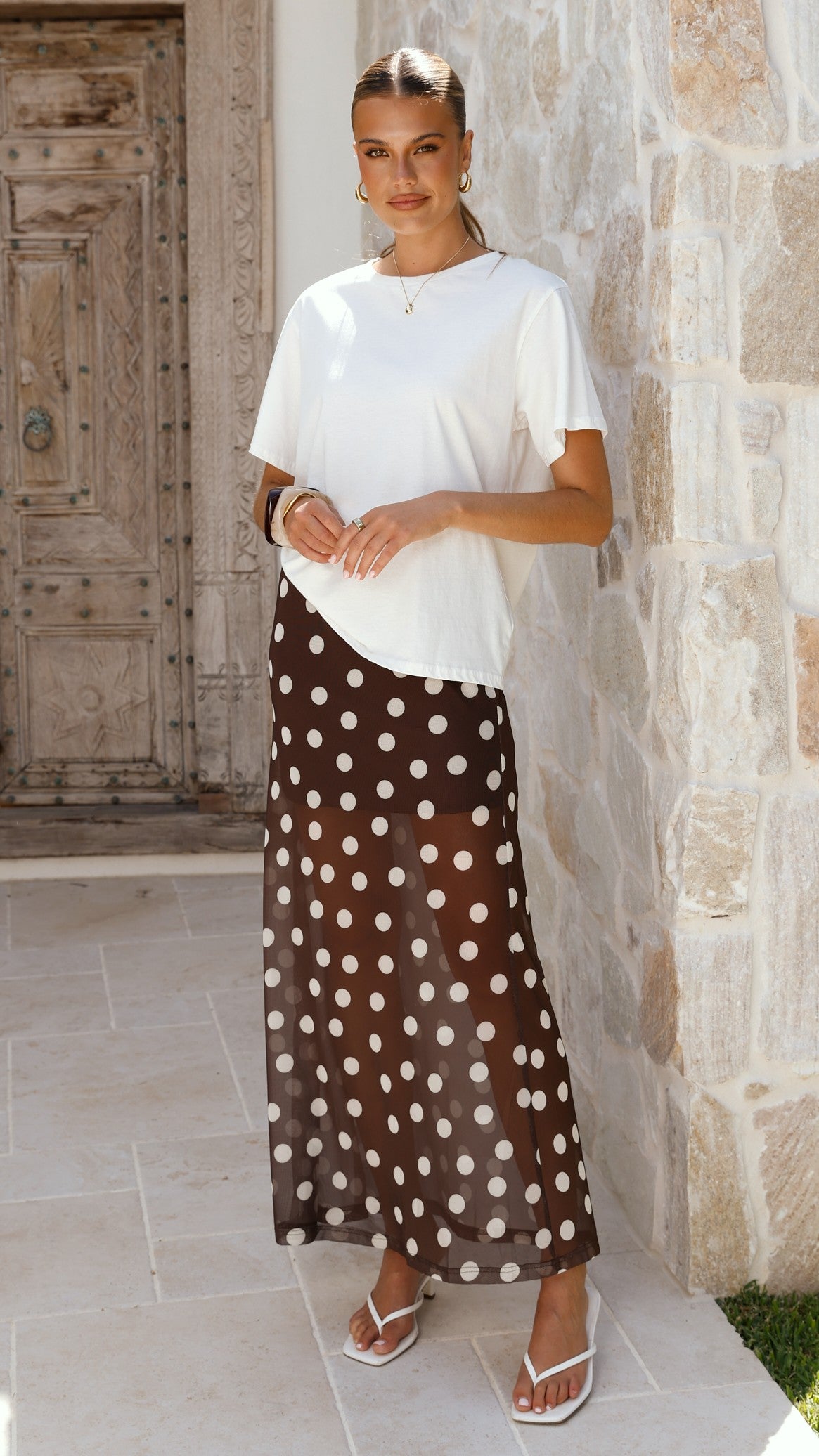 Onella Semi Sheer Maxi Skirt - Chocolate / White Polka Dot