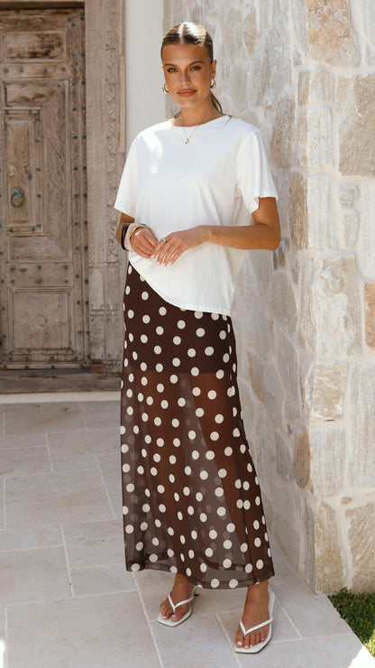 Onella Semi Sheer Maxi Skirt - Chocolate / White Polka Dot