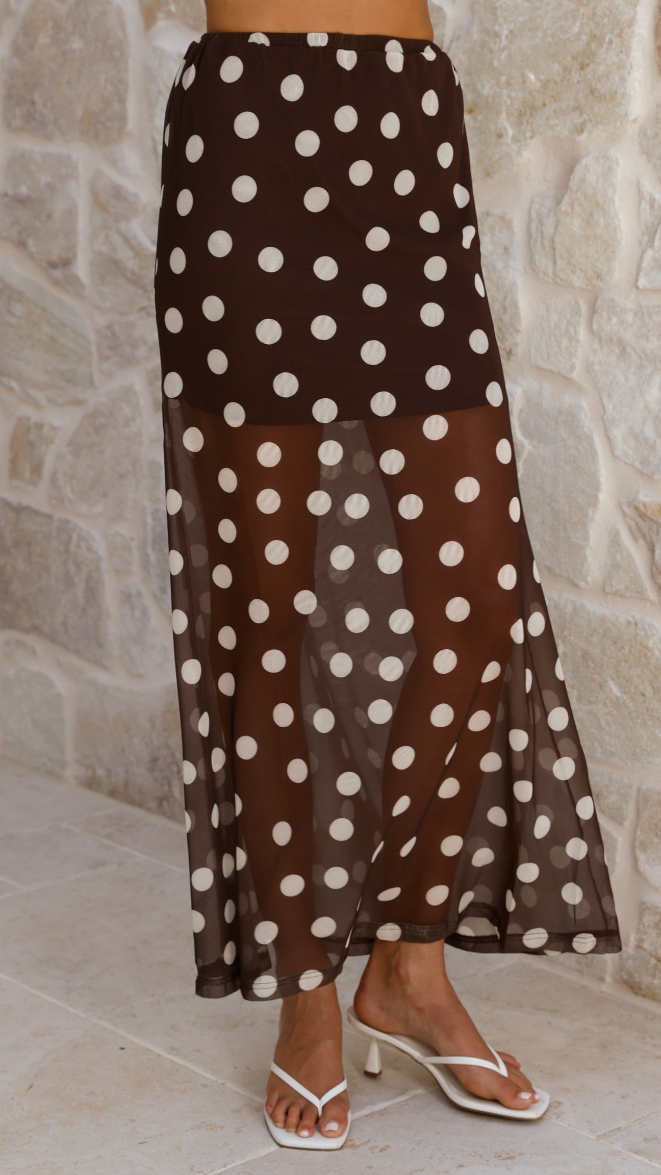 Onella Semi Sheer Maxi Skirt - Chocolate / White Polka Dot