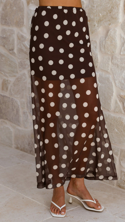 Onella Semi Sheer Maxi Skirt - Chocolate / White Polka Dot
