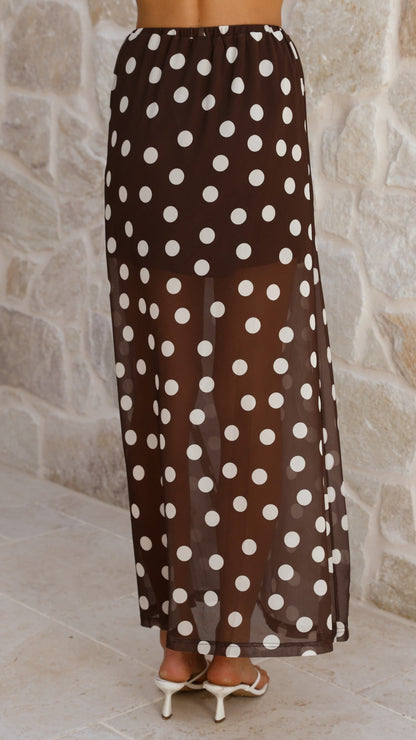 Onella Semi Sheer Maxi Skirt - Chocolate / White Polka Dot